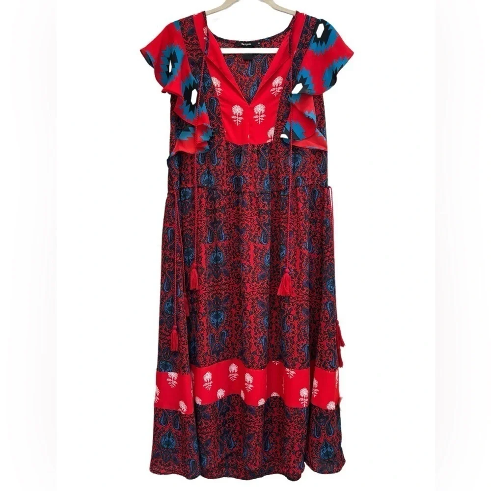 Desigual “Sigrid” sleeveless midi/ maxi patterned dress with ruffles & tassels! - Picture 2 of 9